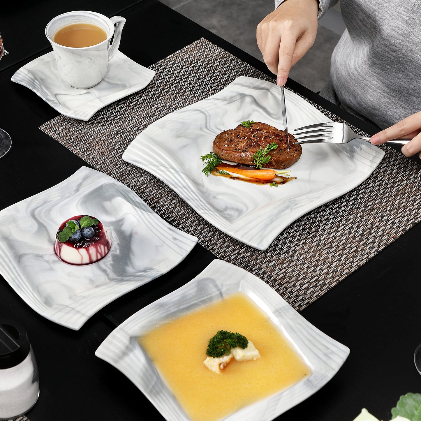 MALACASA, Amparo series, 30-piece marble porcelain dinnerware set with 6 dinner plates, 6 soup plates, 6 dessert plates, 6 coffee cups, and 6 saucers.