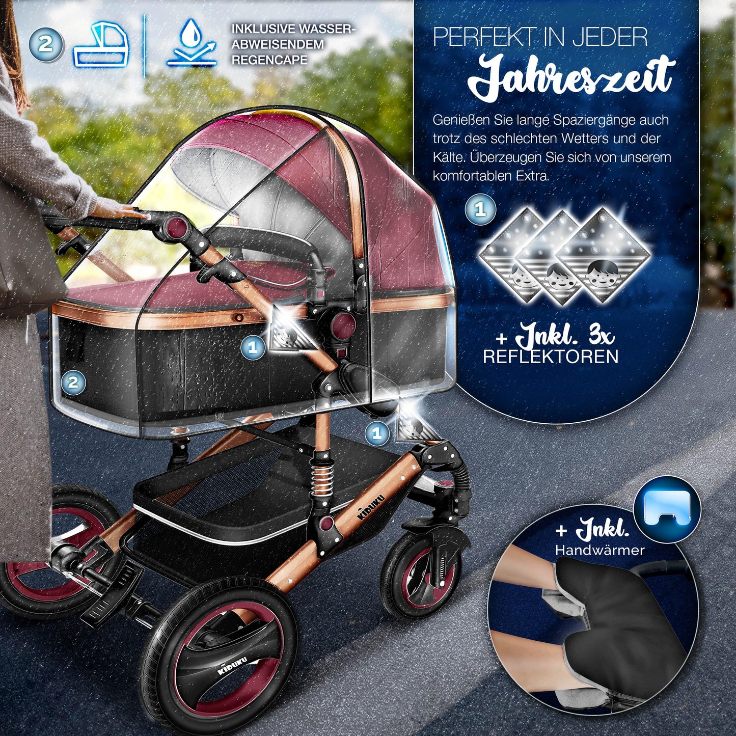 KIDUKU® 3 in 1 stroller XXL complete set | Combination stroller set including baby tub, buggy seat & car baby seat footmuff | Full rubber tires changing bag hand warmer rain cover children's table ECE R129
