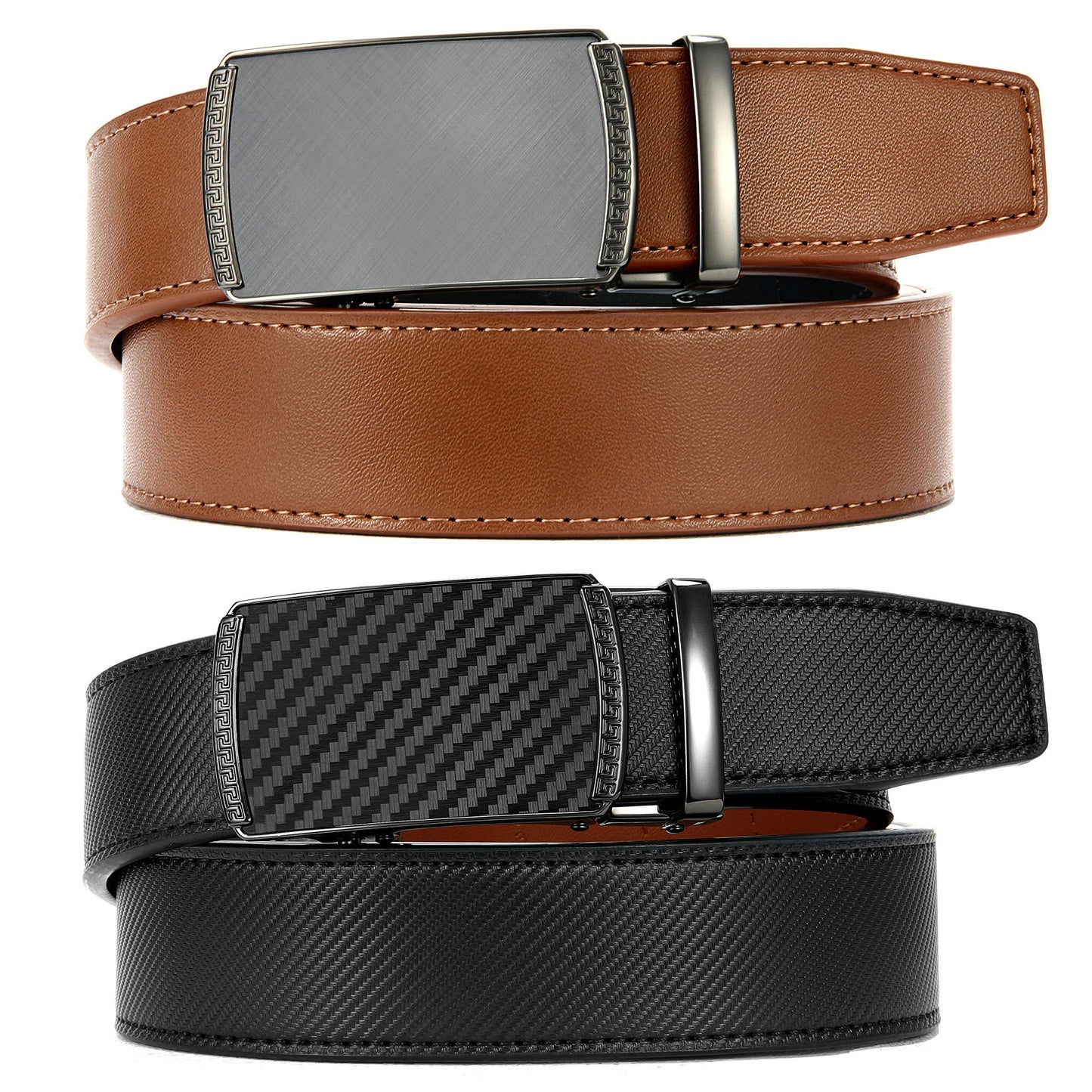 CHAOREN Men's Belt 2-Pack, 35mm Automatic Leather Belt with Ratchet - Customizable Fit, Great as a Gift.