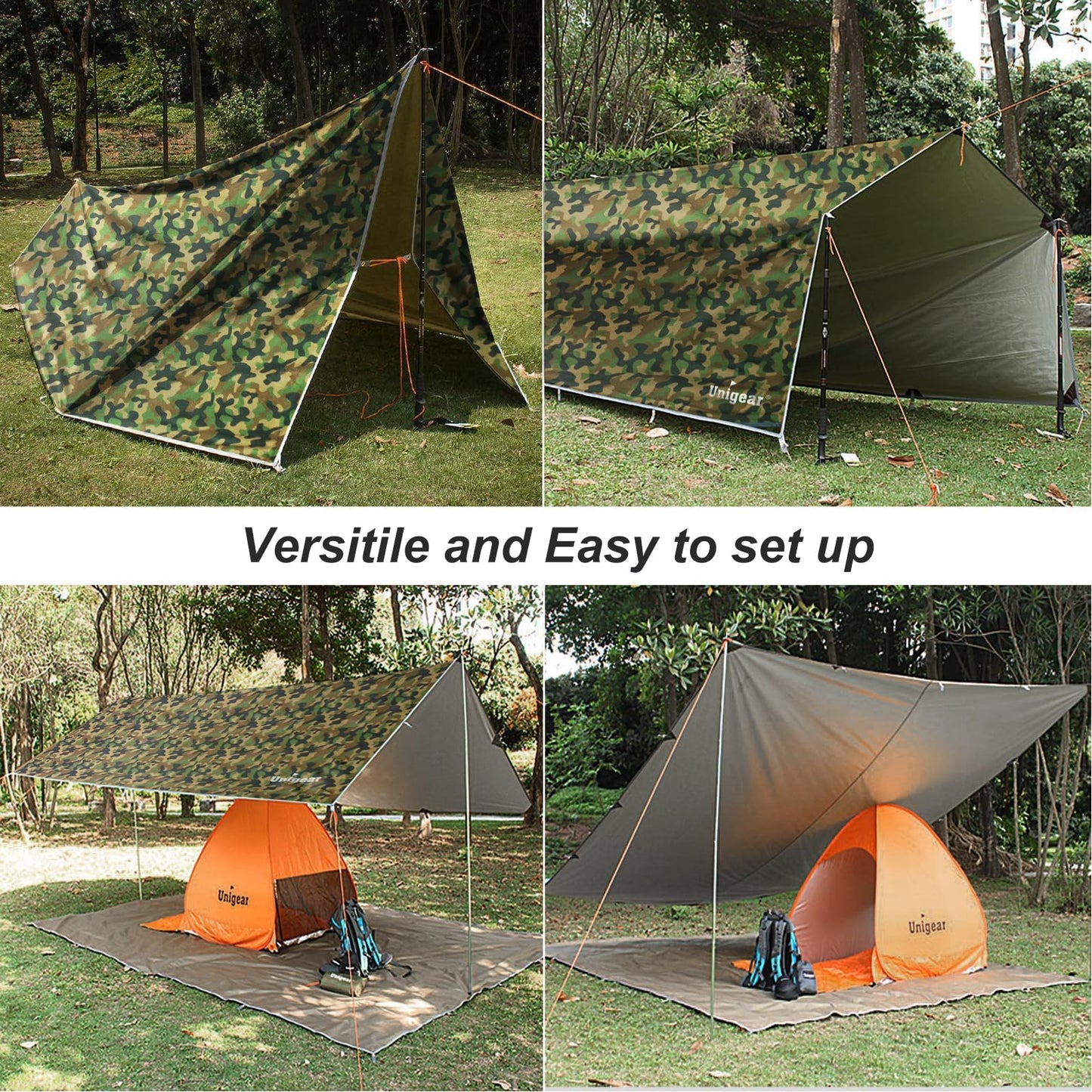 Unigear Tarp Rain Fly, waterproof tent tarp, lightweight, foldable, ideal for camping and protection against rain, snow, and sun.