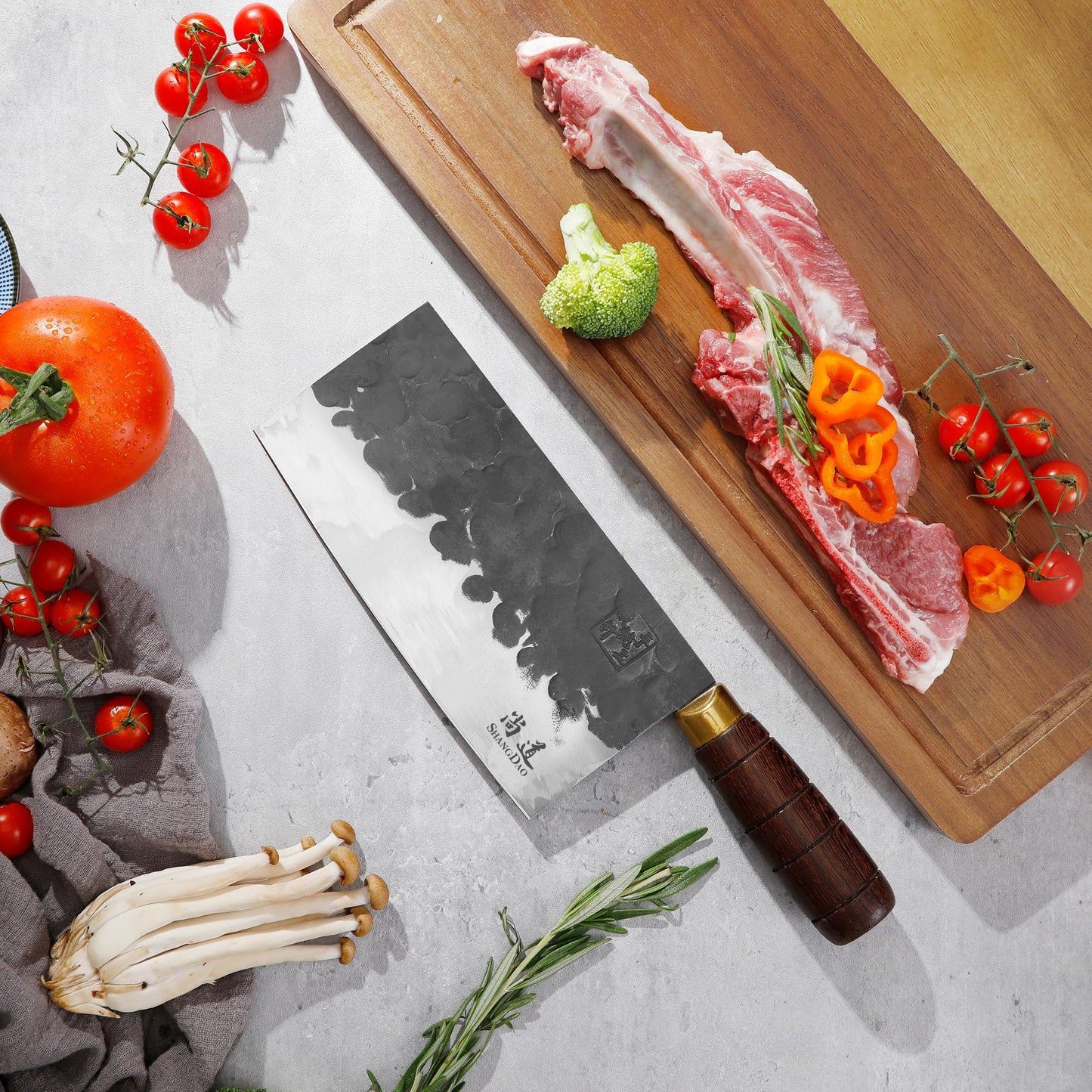 SHANGDAO cleaver, 19 cm high-performance razor-sharp butcher cleaver kitchen knife, cleaver made of carbon steel, forged blade and wooden handle