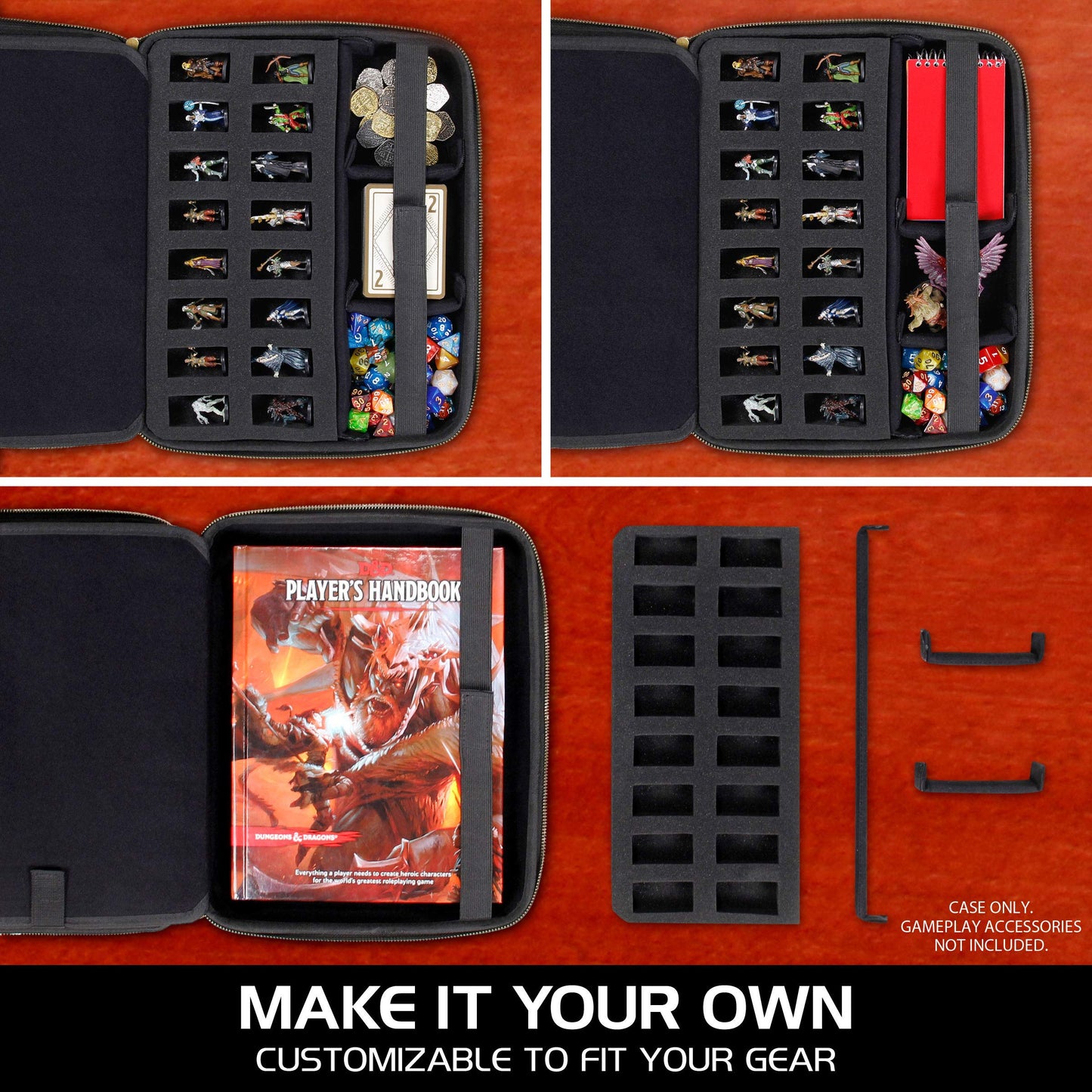 ENHANCE RPG Organizer Case - D&D folder with integrated character sheet holder, dice rolling area, removable pen pocket, miniature foam storage (Black)