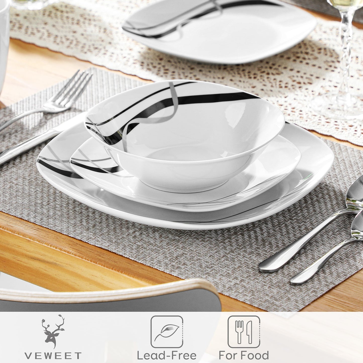 VEWEET porcelain tableware 'Fiona', 40 pieces | Set includes dinner plates, dessert plates, soup bowls, coffee cups, and egg cups | Service for 4-12 people
