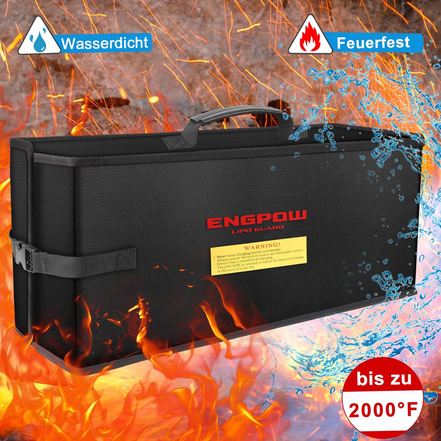 Ebike battery bag, fireproof up to 2000°F, organizer 45 x 15 x 20 cm, shockproof safety storage and transport for e-bike battery with Velcro and buckle.