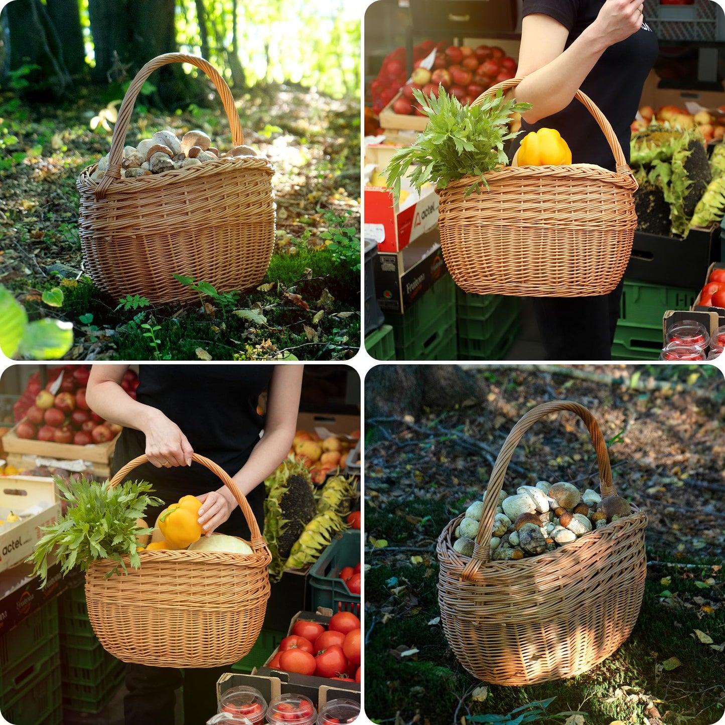 KADAX Willow Basket for Mushrooms, Oval Basket for Shopping, Sturdy Picnic Basket with Handle, Bottle Basket, Garden Basket, Carry Basket (Brown, 41x25x44cm)