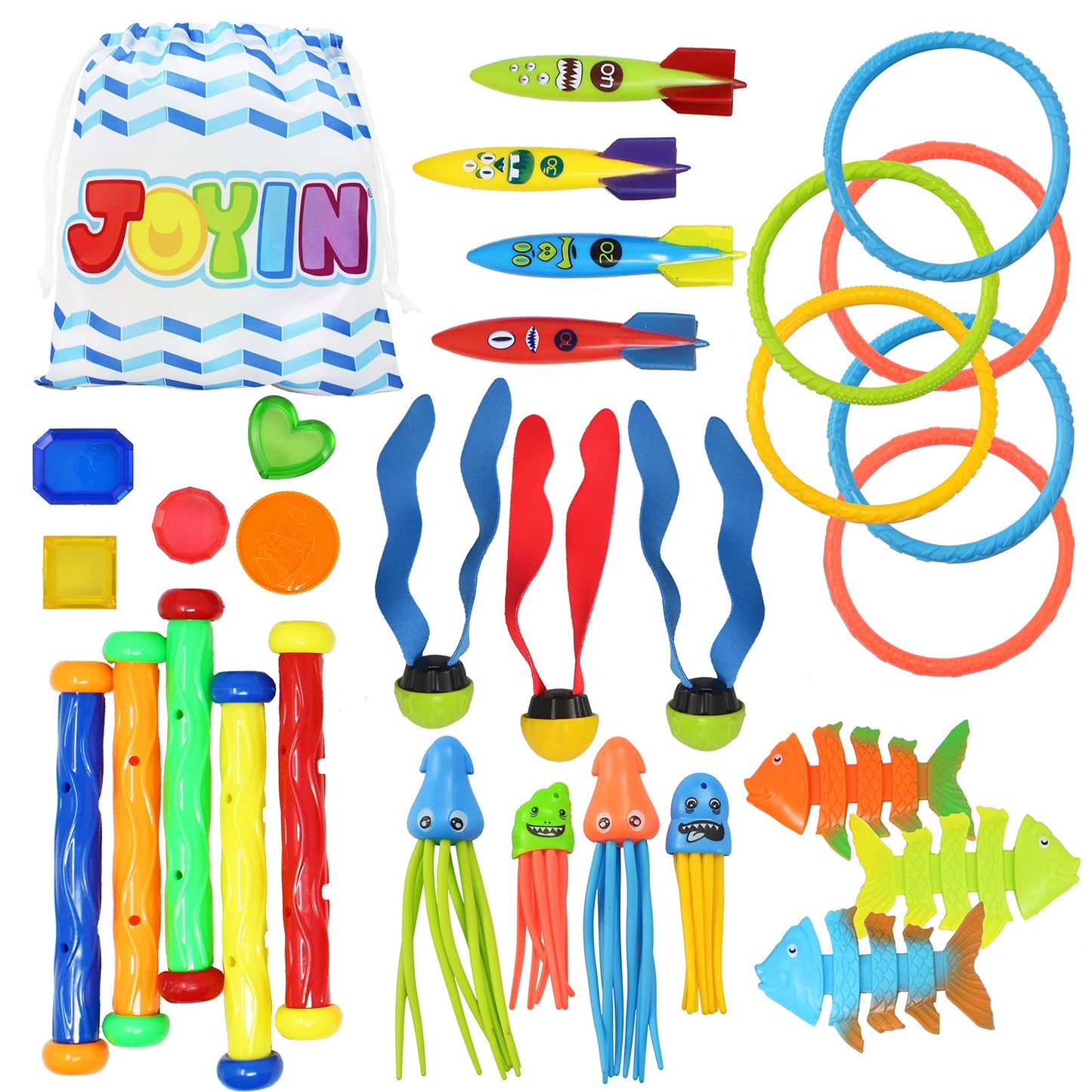 JOYIN 30 Pieces Diving Toys Underwater, Kids Dive Toy Set: 5 Dive Sticks, 6 Dive Rings, 5 Pirate Treasures, 4 Toypedo Bandits, 3 Algae Toys, 3 Fish Toys, 4 Octopus