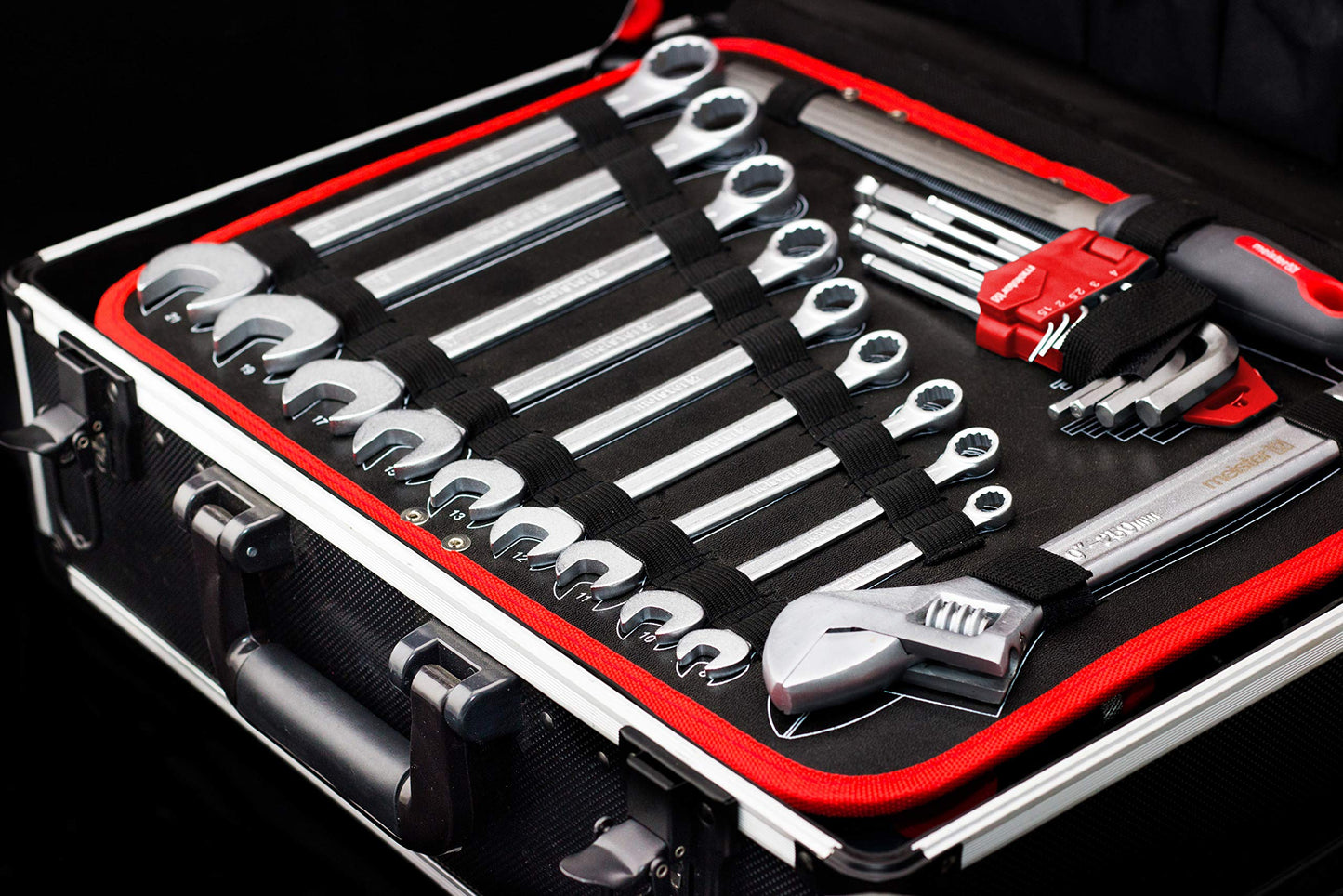Master tool trolley 238-piece - tool set - telescopic handle / professional tool case filled / tool box on wheels / tool box complete, black/silver, 8971480.