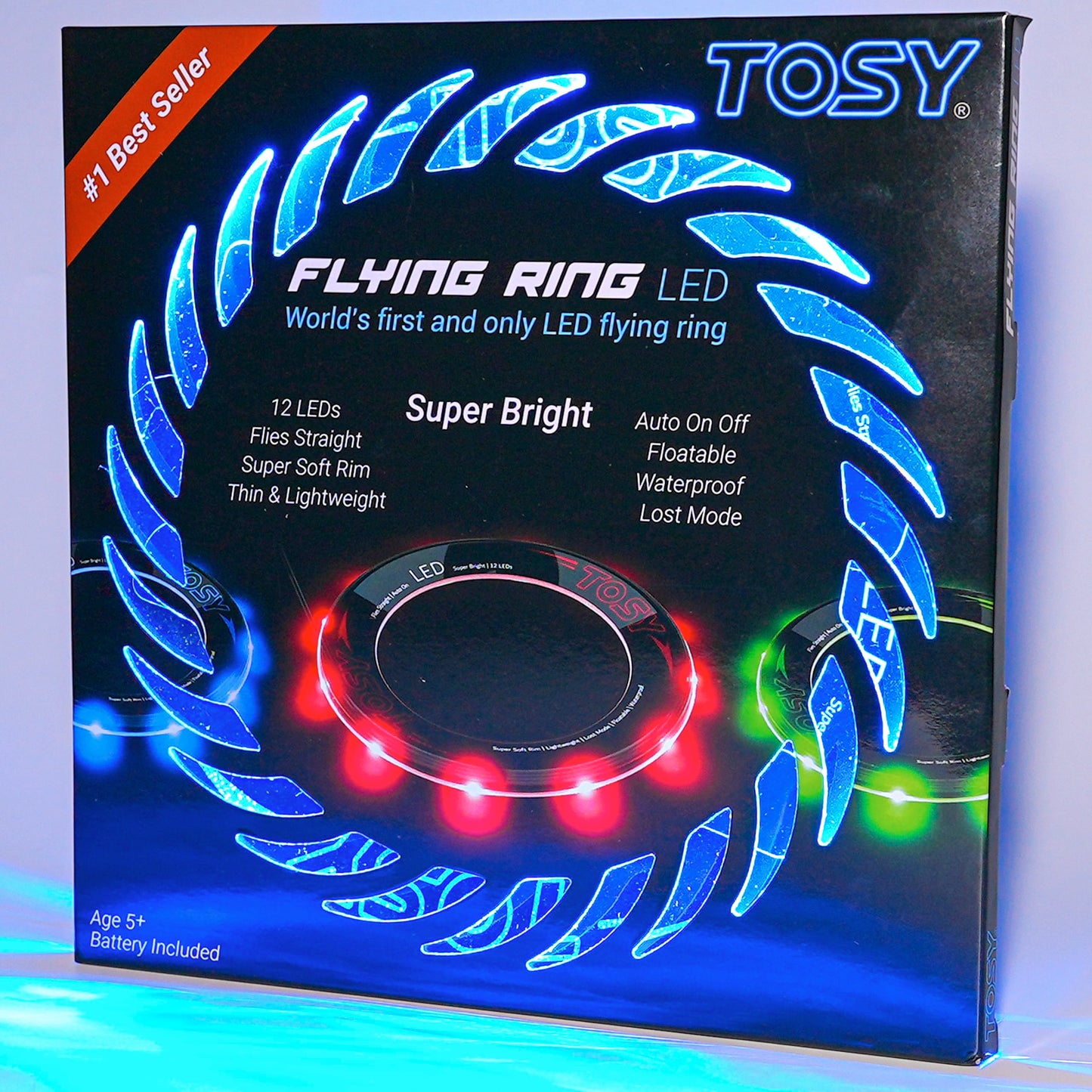 TOSY Flying Ring - 12 LEDs, bright, automatic lighting, safe, waterproof, lightweight frisbee, gift for birthdays, Easter, Christmas for boys/girls/children.