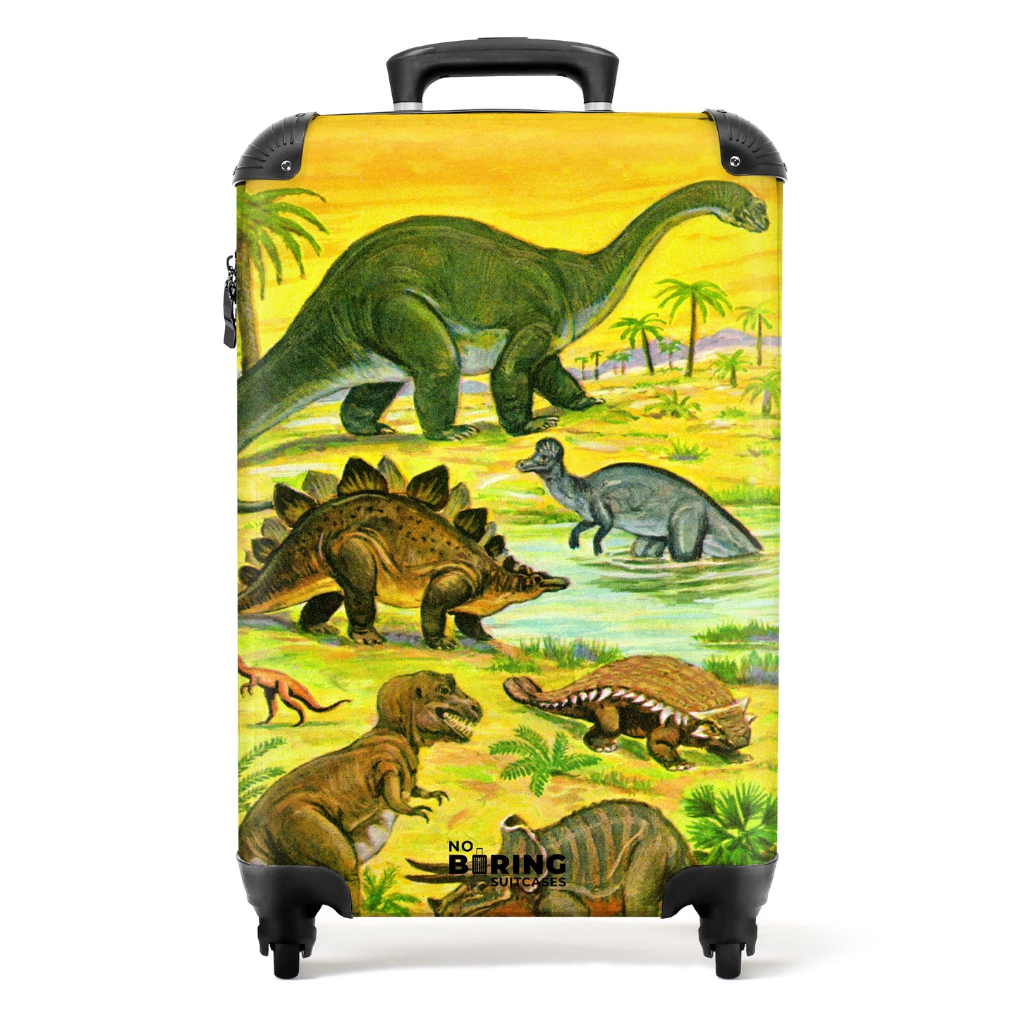 NoBoringSuitcases.com® Kids Suitcase Boys Trolley Carry on Luggage Gift - Dino - Illustration - Yellow - Boys Kids Luggage, 55x40x20