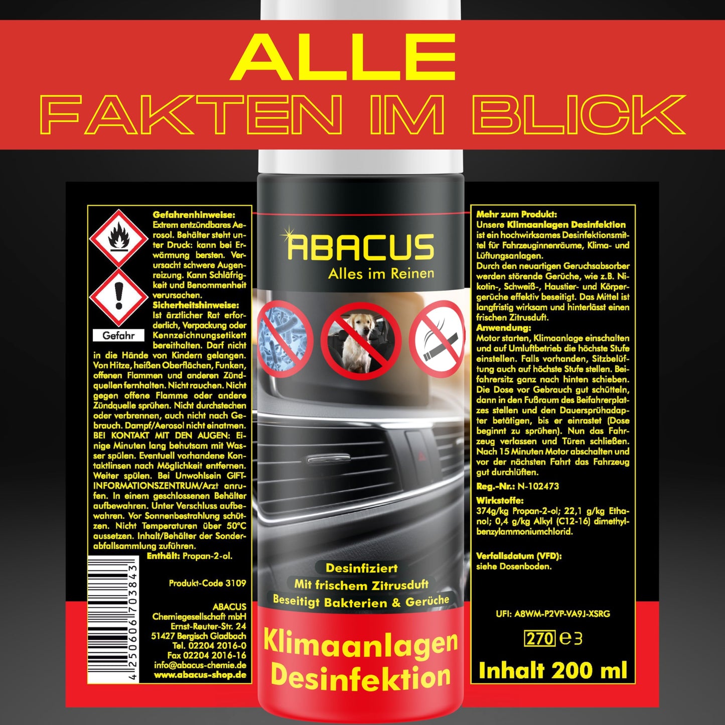 ABACUS® Air Conditioning Disinfection, Air Conditioning Cleaner for Cars, Auto Air Conditioning Disinfection, Climate Disinfection, Disinfection and Cleaning for Air Conditioning Systems, Air Conditioning Disinfection 2x 200ml (7301)