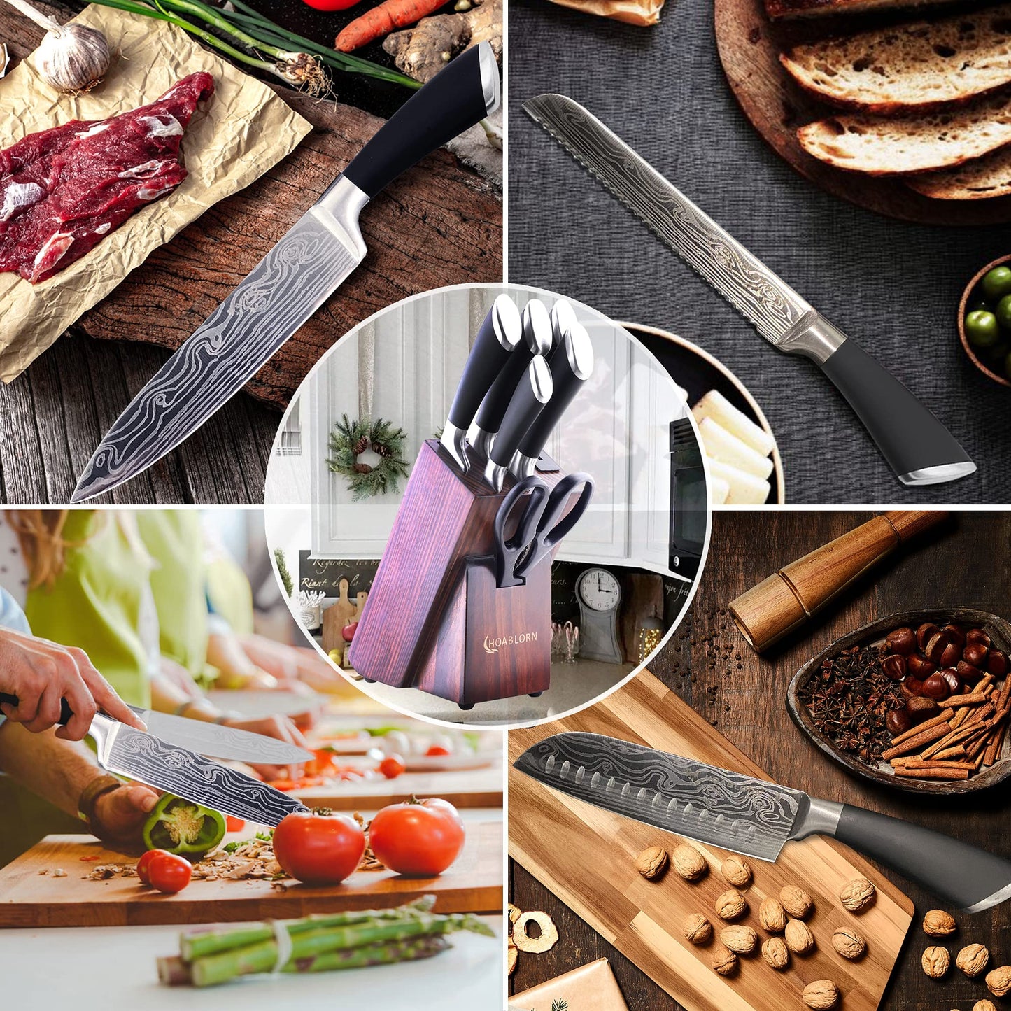 HOABLORN Professional Knife Block Set Professional Kitchen Knives with Wooden Block Knife Set with Wooden Knife Holder Great for home cooks Wedding Housewarming Gift