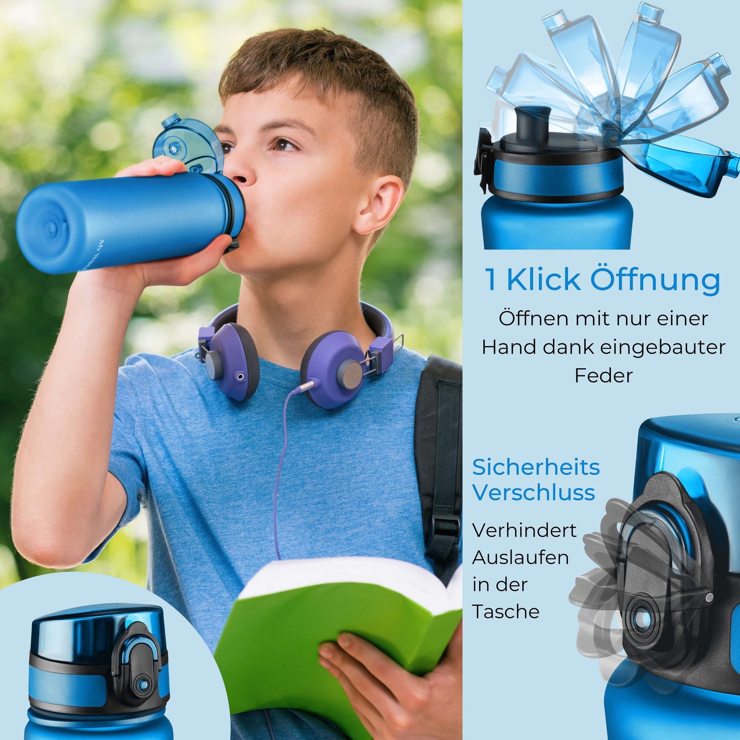 My Vesperbox - Minny - Kids Water Bottle - Personalized with your name - 500, 750, 1000ml incl. straw or sieve - BPA free - for kindergarten, school, sports, leisure (Blue 500ml)