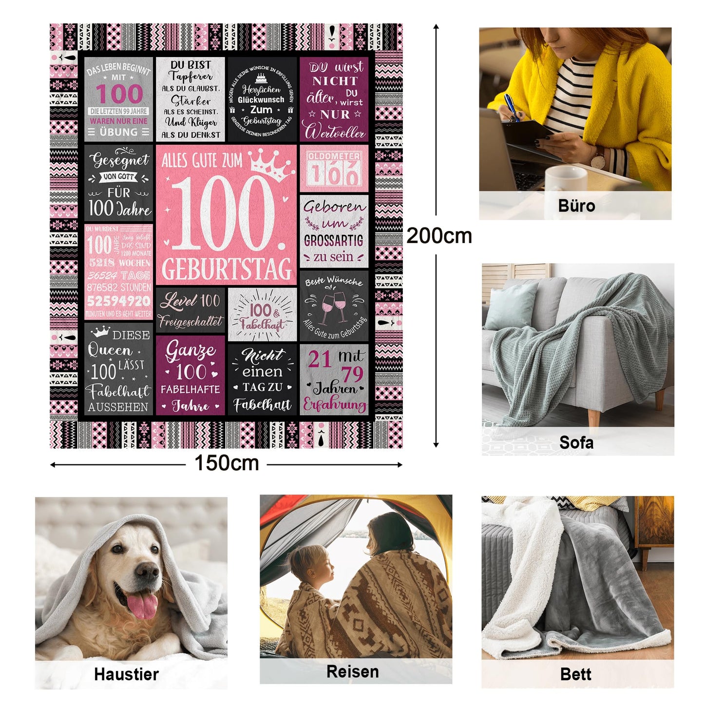 Yesbird 100th birthday women, 100th birthday decor, 100th birthday women, gifts for 100th birthday woman, gift 100th birthday woman blanket 200x150CM