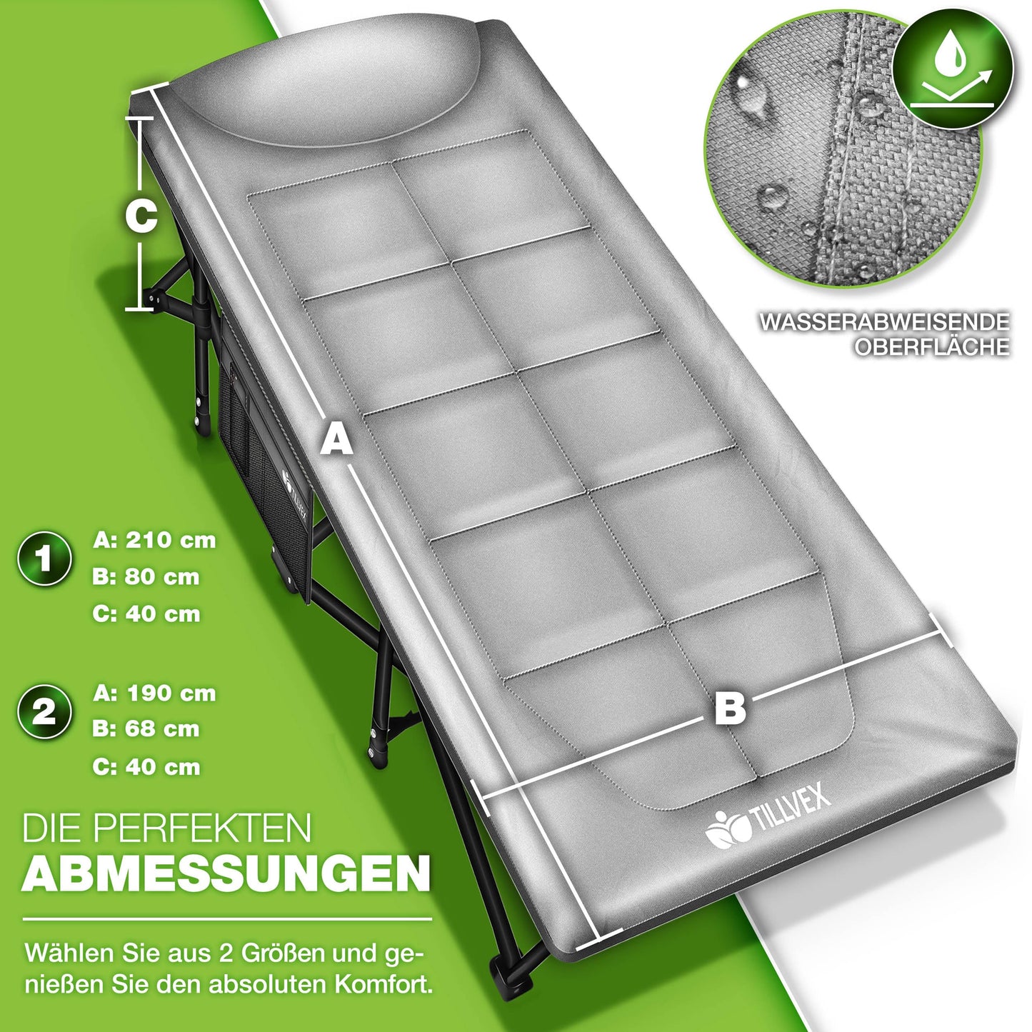 tillvex® Folding Camping Bed with Carry Bag, supports up to 200 kg. Extra wide sleeping cot for outdoor & indoor use. Perfect for camping, fishing, festivals, and travel. Foldable guest bed for the garden.