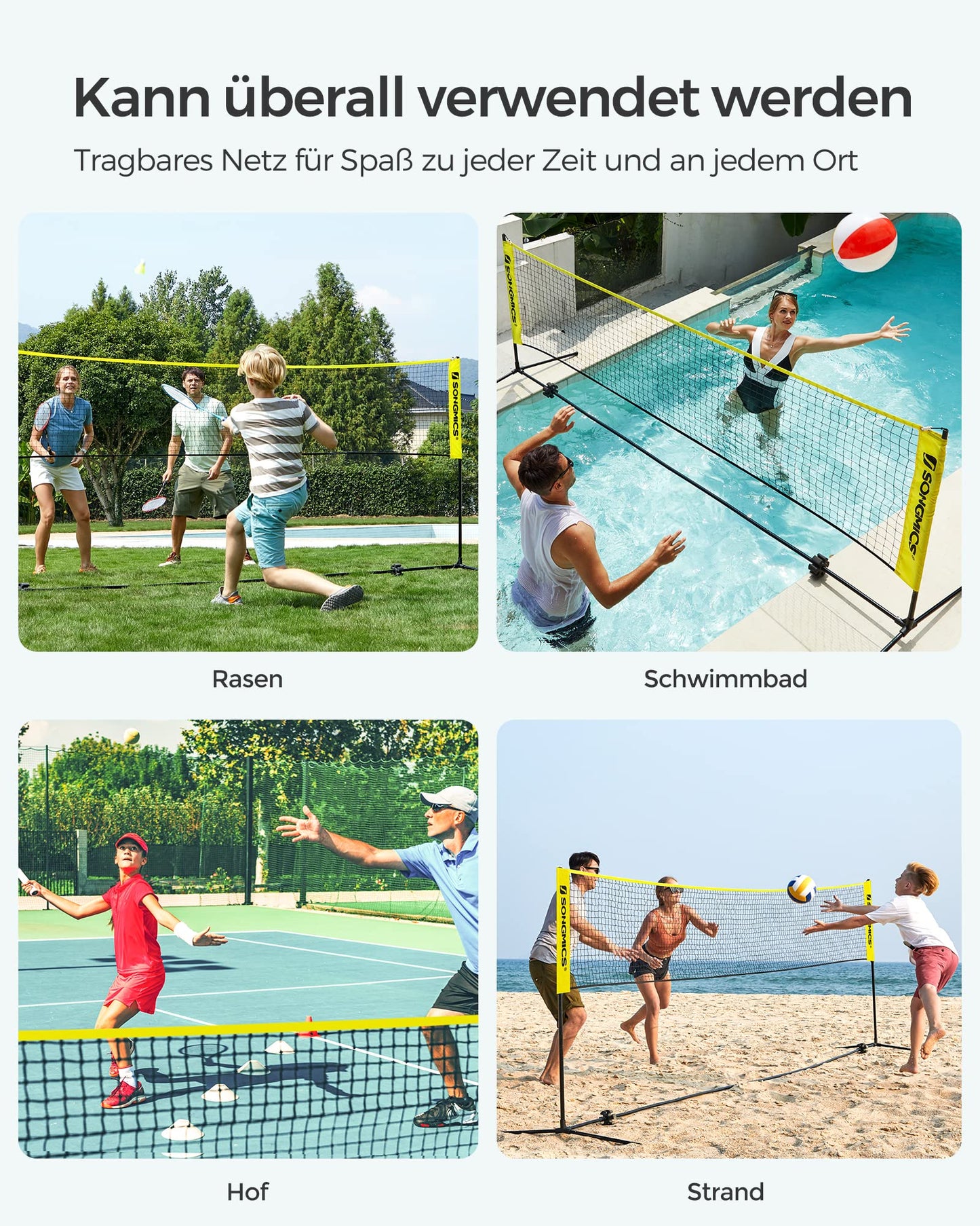 SONGMICS 3m Badminton Net, Volleyball Net, adjustable poles, portable set for tennis, beach volleyball, for garden, park, outdoor, Yellow SYQ300Y