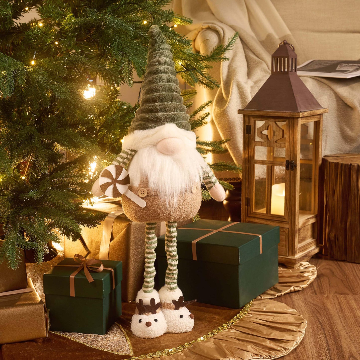 VALERY MADELYN Christmas Elf for Christmas Decoration, 64cm Christmas Gnome Green Brown, Adjustable Legs, Indoor House Christmas Dwarf, Christmas Ornament Decorations