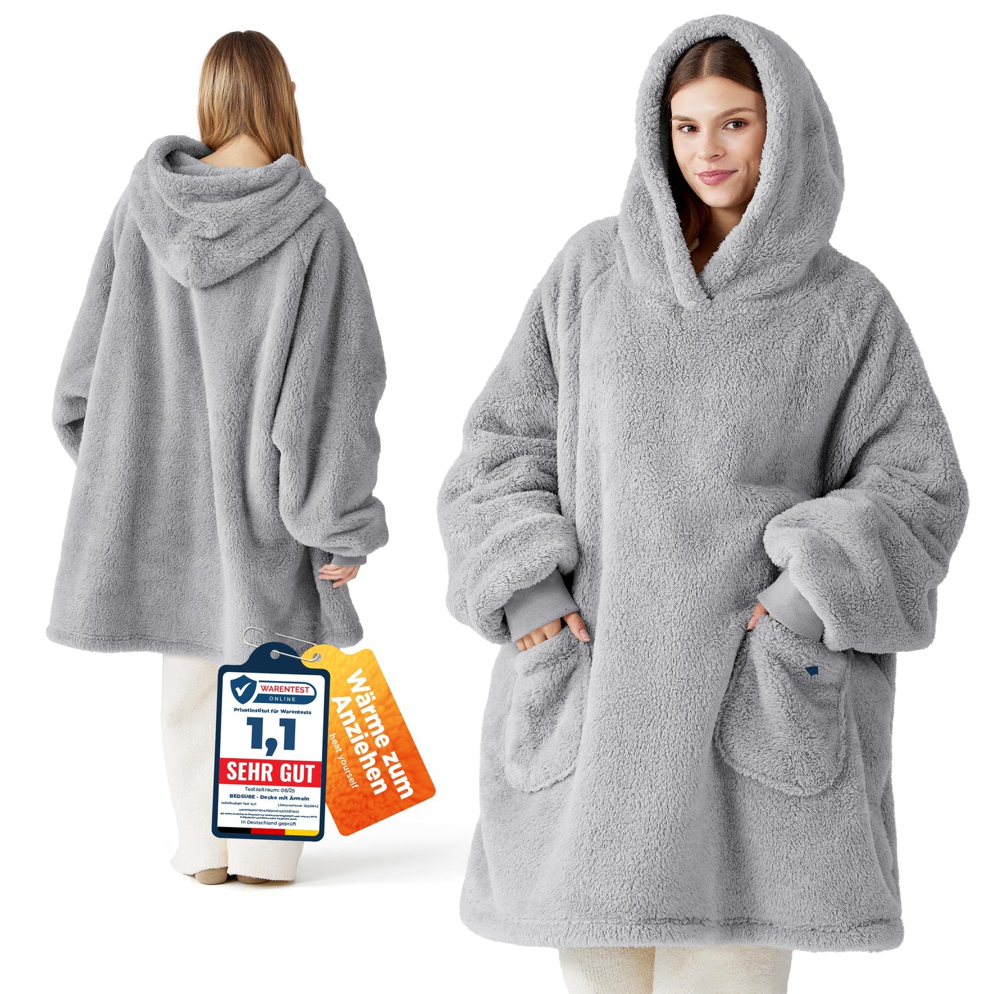 BEDSURE Hoodie Blanket with Sleeves - Snuggle Sweatshirt as Gifts for Women - Wearable Blanket for Adults with Sleeves Soft Warm Gifts for Girlfriend Mothers, Gray 95x85 cm