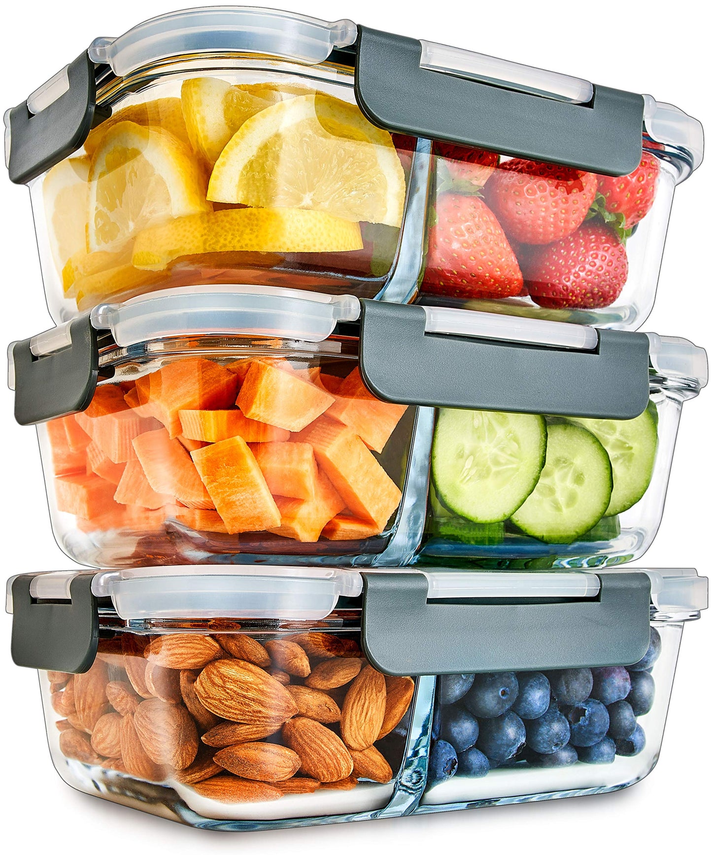 Igluu Meal Prep Glass Food Storage Containers with BPA-free lid (3-pack) - microwave, oven, freezer, dishwasher safe, leak-proof - 980 ml - with 2 compartments - durable borosilicate glass