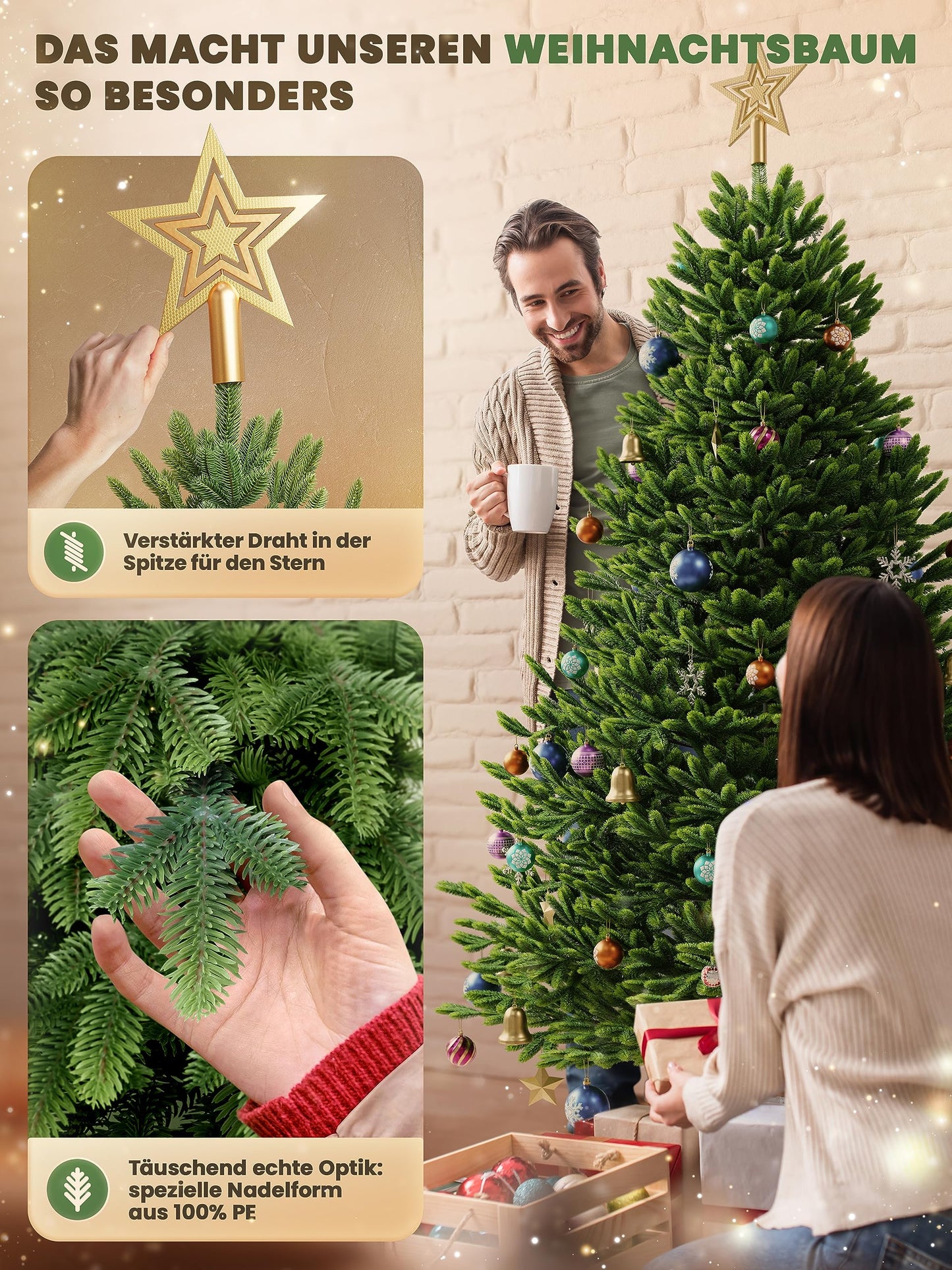 Artificial Christmas tree 180cm - 100% injection-molded Nordman fir with LED lights | Premium lifelike tannenbaum including FSC wood stand & storage bag.