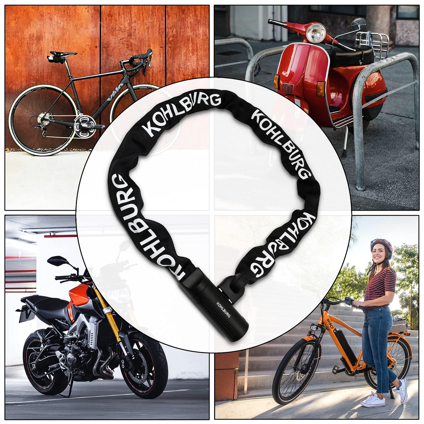 KOHLBURG Security Chain Lock - Lock 125cm long with 8.3mm thick 4-sided chain made of hardened special steel - secure bike lock with 4 keys for e-bikes, bicycles & motorcycles.