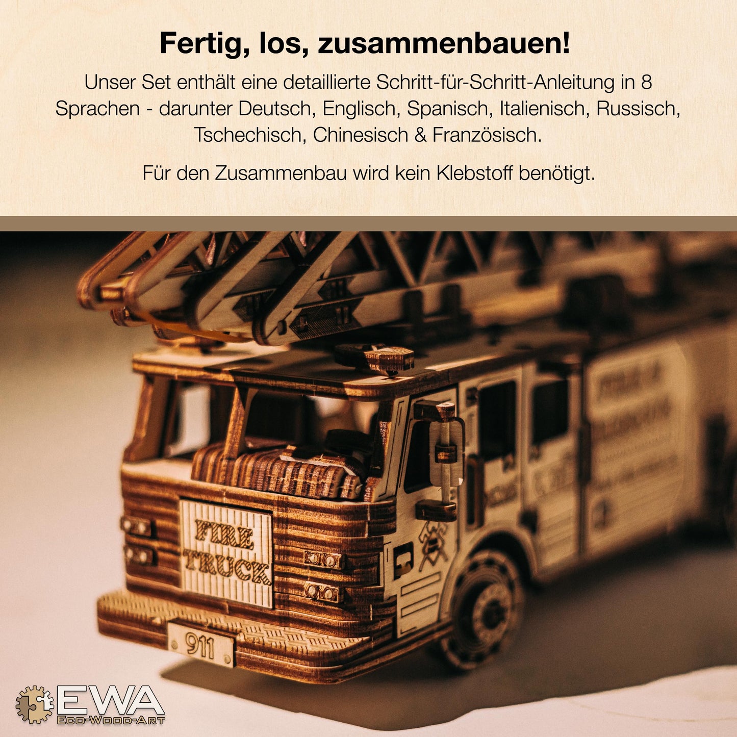 MagicWood - Mechanical 3D Puzzle Wood Fire Truck - DIY wooden puzzle kit for adults & kids - model kit to assemble without tools & glue - wooden construction kit