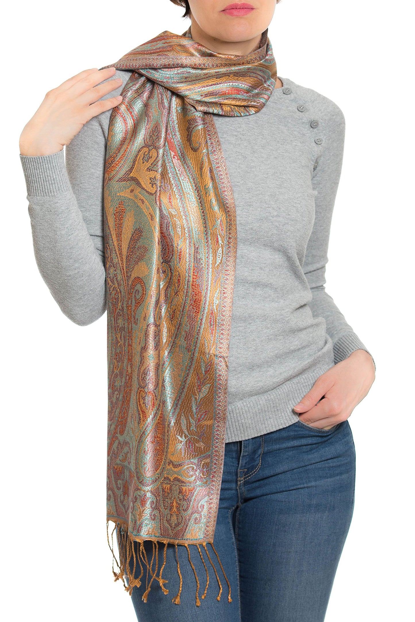 Ufash Pashmina 100% silk scarf from India for women & men, Paisley pattern, 160 x 35 cm - Pure silk scarf, Brown.