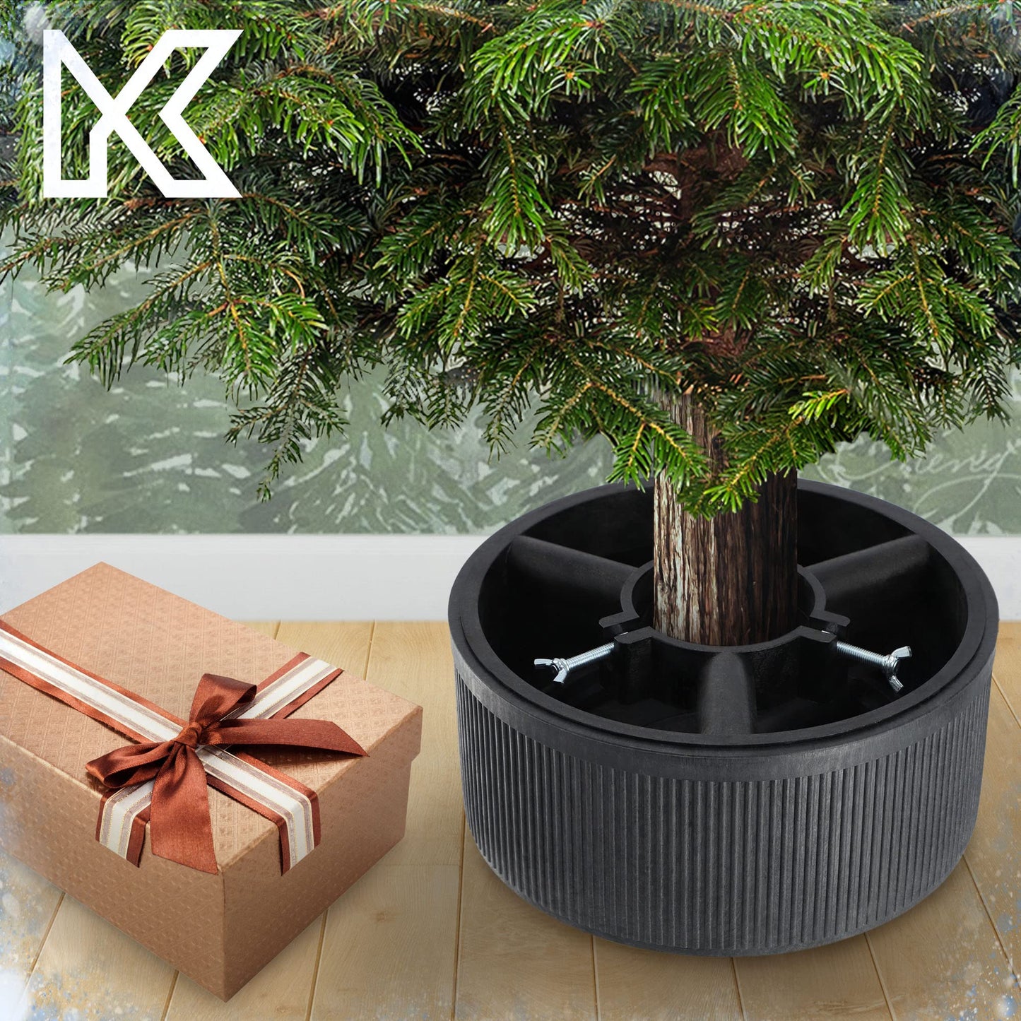 KADAX Christmas tree stand made of recycled plastic, for real trees up to 150cm tall. Graphite color.