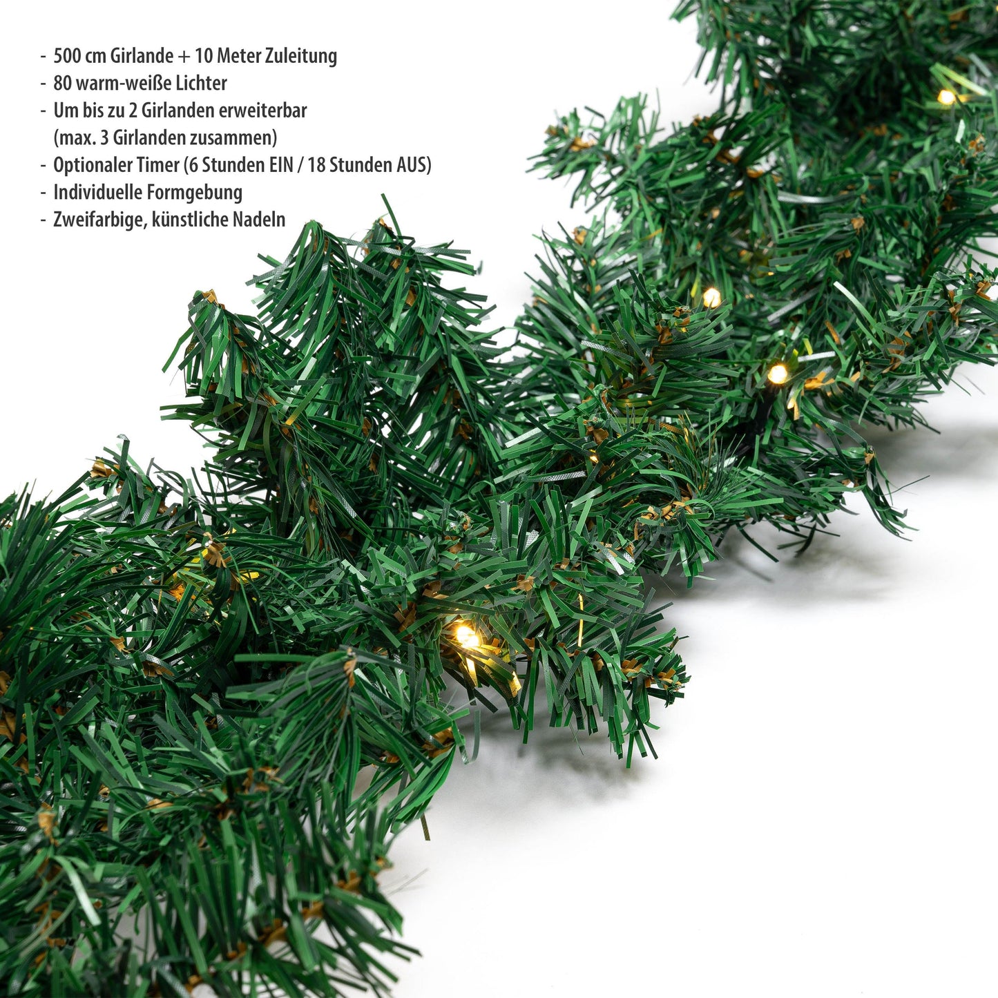 5-meter fir garland with 80 LED lights, expandable, powered by electricity, optional timer, includes 10-meter power cable, suitable for indoor & outdoor use, artificial decor garland with warm-white lighting.