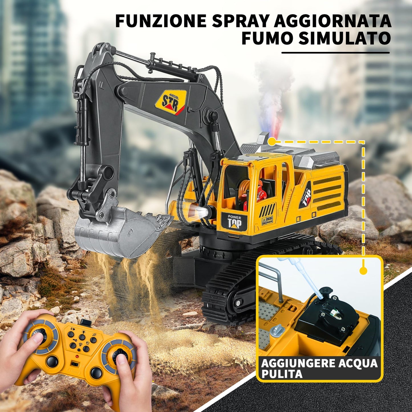 FUYLEY Remote Control Toy for Boys, Metal Shovel for 14K RC Excavator, 2.4 GHz with Sound Spray, Construction Toy RC 680° Rotation for Boys Gift