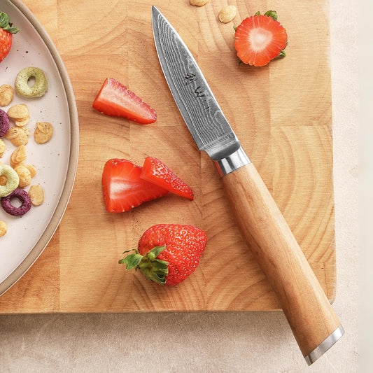 Wakoli Olive Damascus Office Knife | 8.5 cm blade made of 67 layers of Damascus steel with VG10 core | ergonomic olive wood handle | for fruits, vegetables & herbs | in gift box for professional & hobby chefs