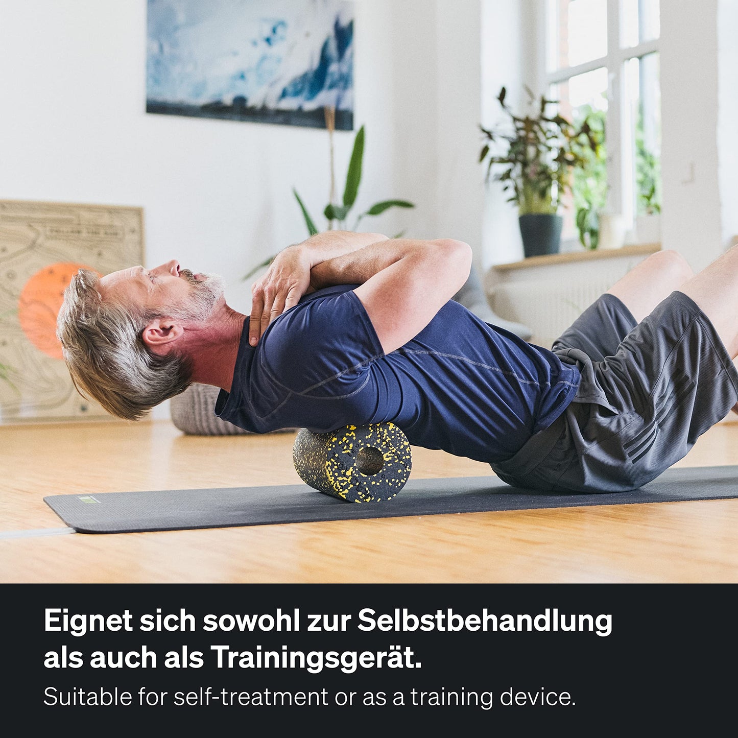 BLACKROLL® STANDARD foam roller (30 x 15 cm), fitness roller for self-massage of back and legs, effective massager for functional training, medium hardness, Made in Germany, Black/Yellow