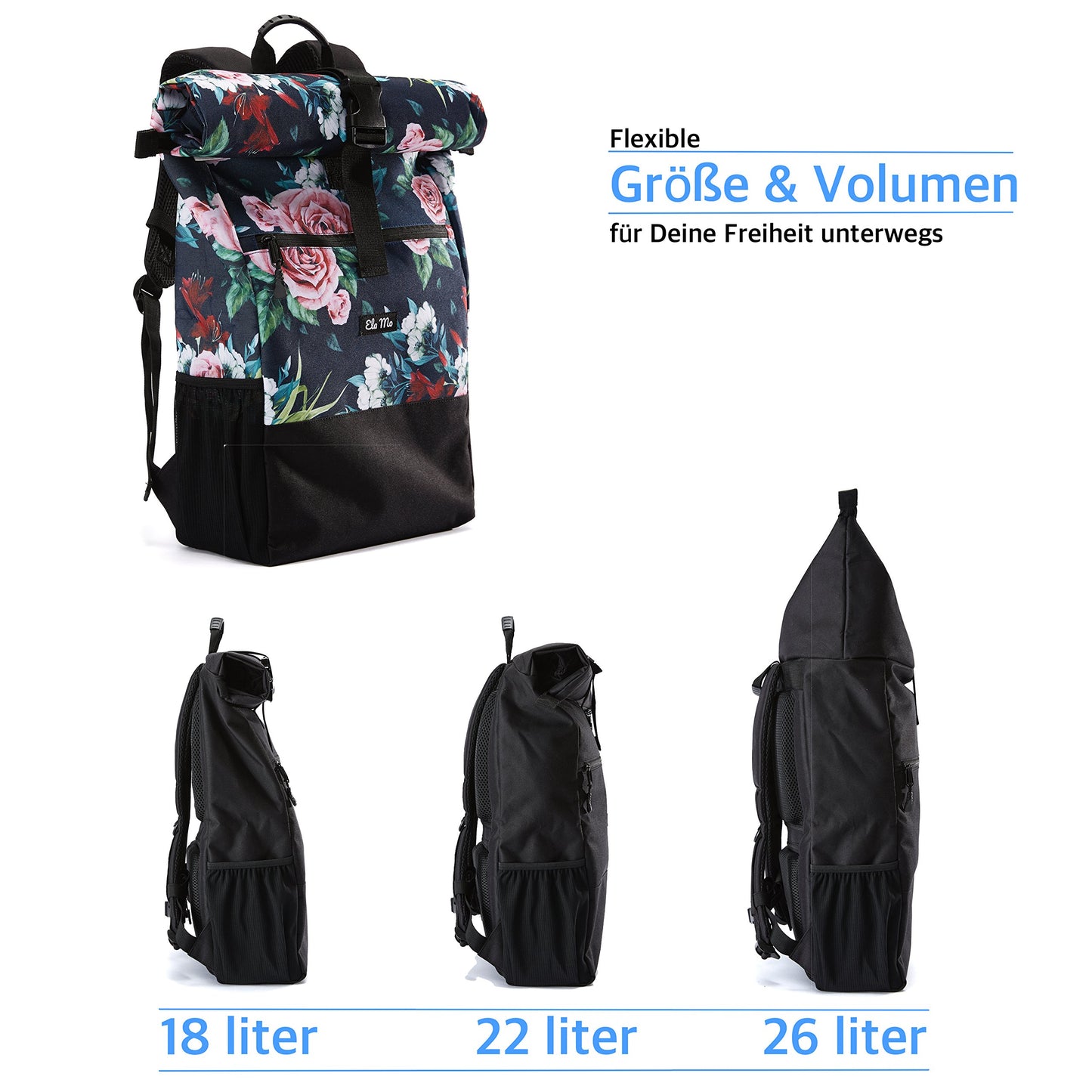 Ela Mo roll-top backpack for women - stylish and practical - laptop backpacks for women - anti-theft bag for school, college, business (Floral)