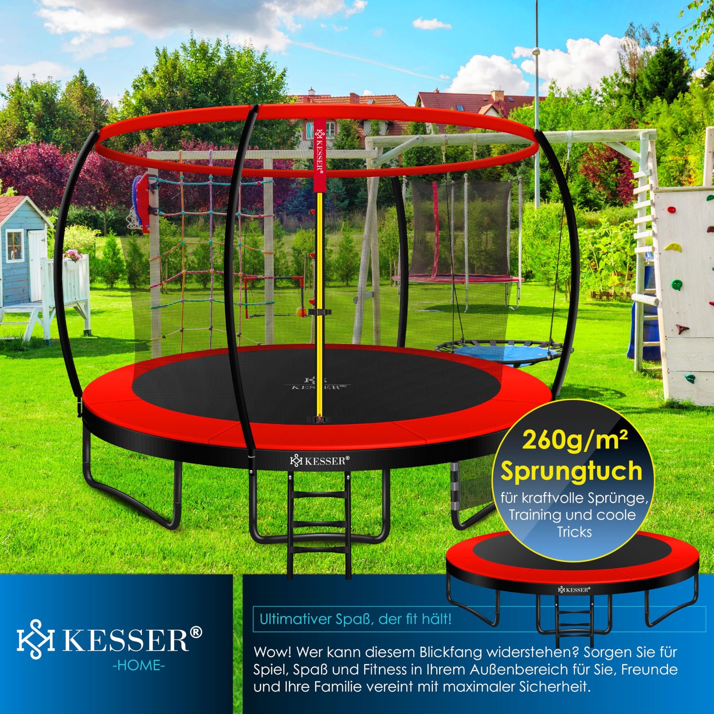 KESSERยฎ trampoline ร 366 cm | TรV Rheinland GS certified | Garden trampoline for kids up to 150 kg | Complete set with safety net, ladder, edge cover and accessories.
