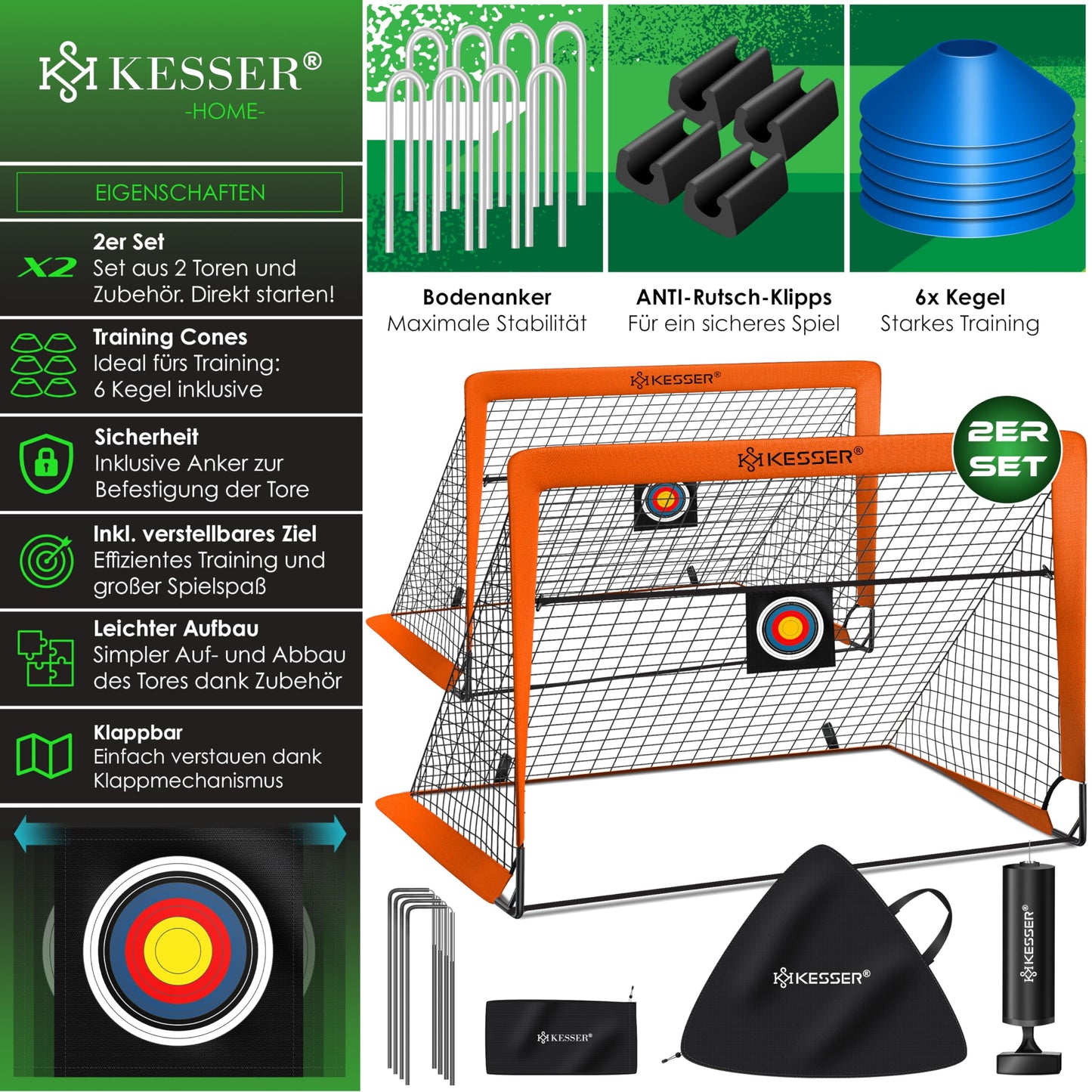 KESSER® Soccer Goal Kids Pop-Up 2er Set | Soccer Goals Foldable with Fiberglass Poles & high-quality Goal Nets for Indoor, Outdoor & Garden | With Carry Bag Cone Pump Target Orange