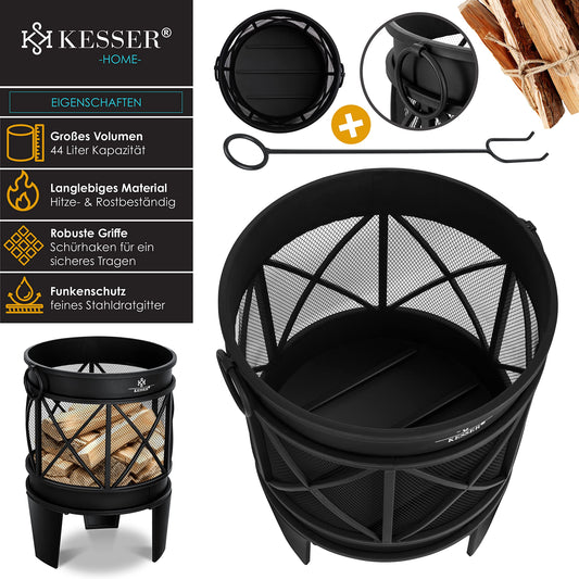 KESSER® Fire Bowl Including Cover Fire Pit with Spark Protection & Handles + Poker Fire Place 58 x 45 cm for Garden & Terrace Metal Antique Rust Look Multifunctional Fire Pit Heater BBQ Black