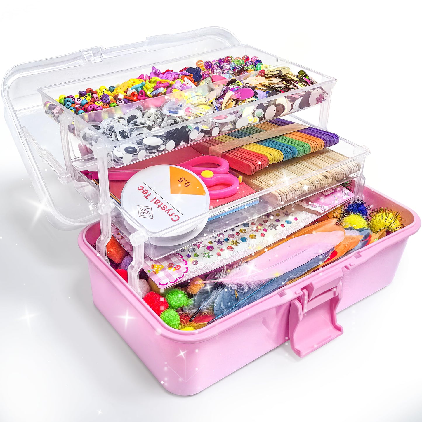 LINAYE 3000+ pcs crafting set for kids includes pom poms, pipe cleaners, and scrapbooking materials. Perfect gift for boys and girls aged 4 to 10. Crafting essentials in a pink carrying case.