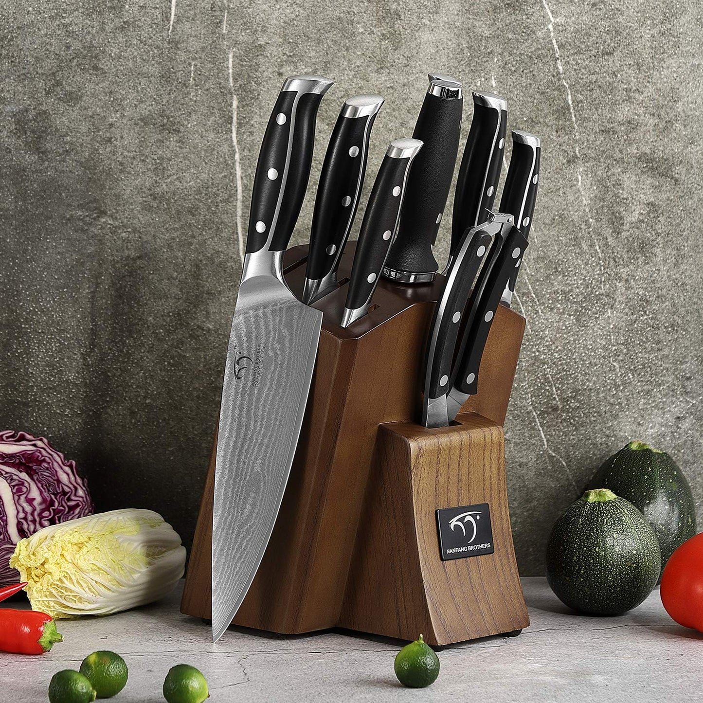 9-piece kitchen knife set sharpening for chef knife set with block, Damascus professional knife stainless steel steak knives with wooden handle kitchen knife sharpener and scissors by NanFang Brothers