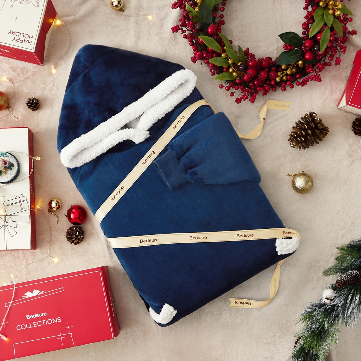 BEDSURE Hoodie Blanket with Sleeves and Hood - Sherpa Sleeve Blanket Sweatshirt for Women, Blue, 110x90cm.