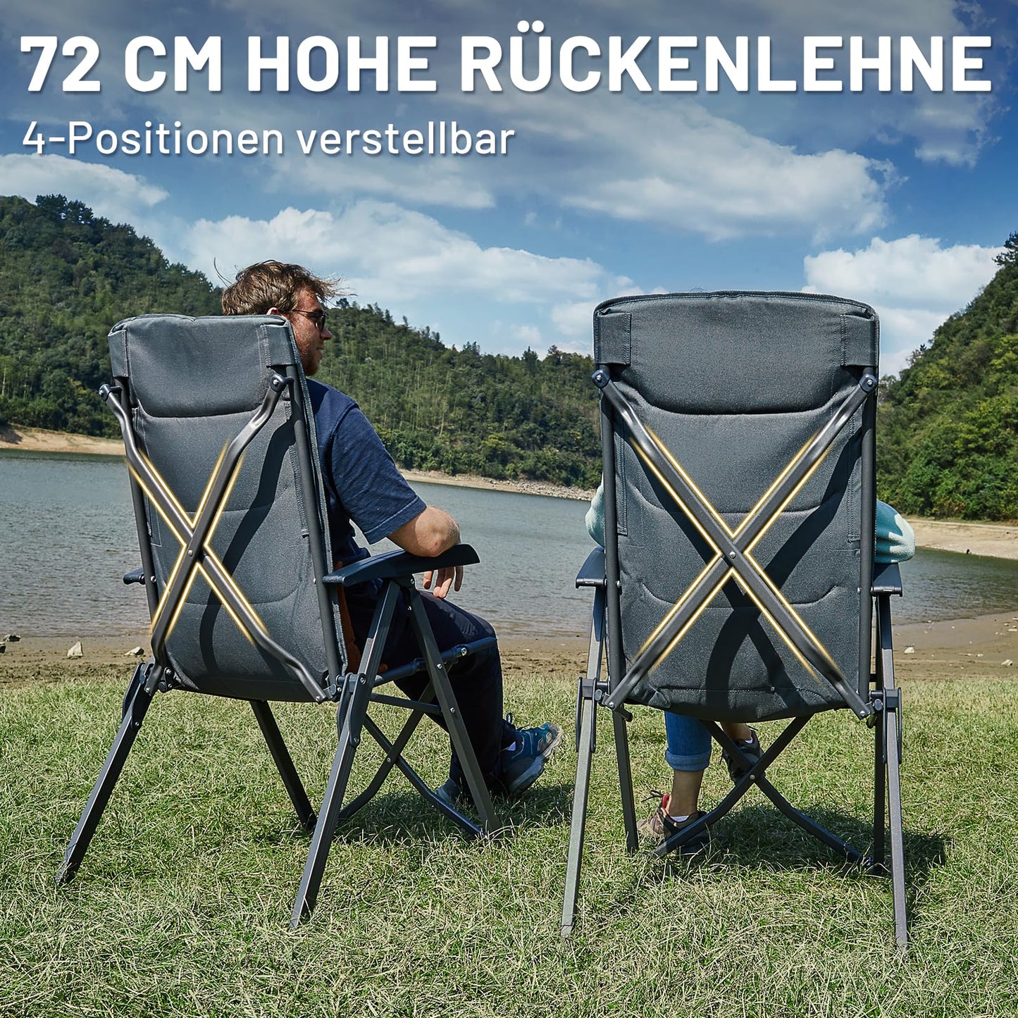 TIMBER RIDGE 2-person Camping Chair Foldable Compact Folded Size Camping Chair 150kg High Backrest with 4 Adjustable Positions with Bag Aluminum Recliner for Garden Balcony RV Grey