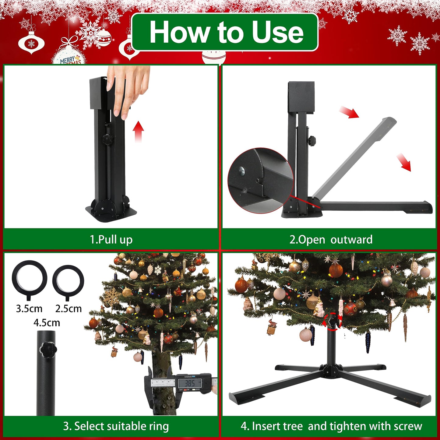 Metal Christmas tree stand, 3 sizes in diameter, universal artificial tree holder for 60 to 280cm, sturdy tree base, foldable stand for tree up to 50kg.