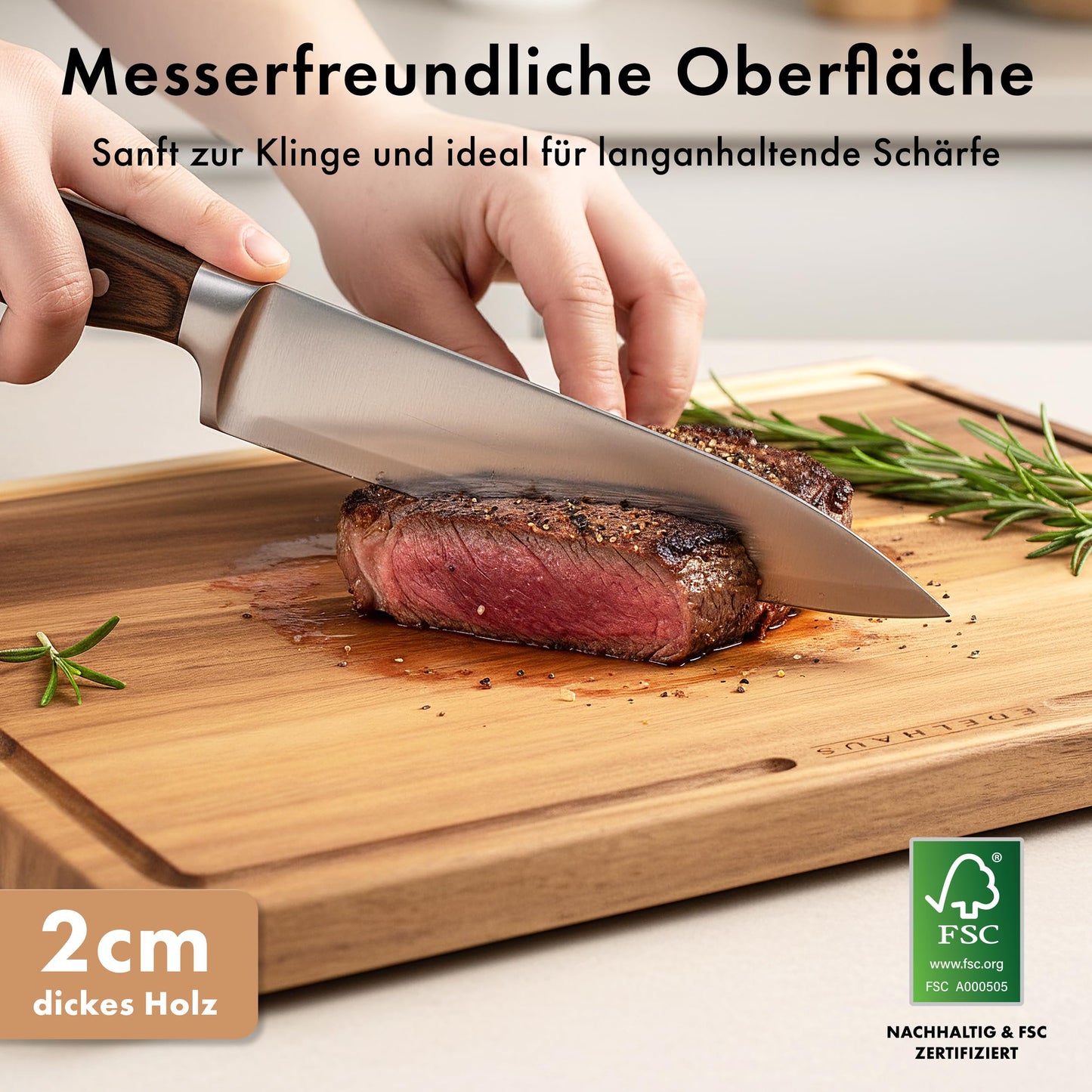 EDLEHOUSE Cutting Board Wood 3pc Set (40x30cm / 33x24cm / 26x18cm) Solid Acacia Wood Cutting Board - 2cm thick kitchen cutting boards with juice groove - Design Cutting Board Set