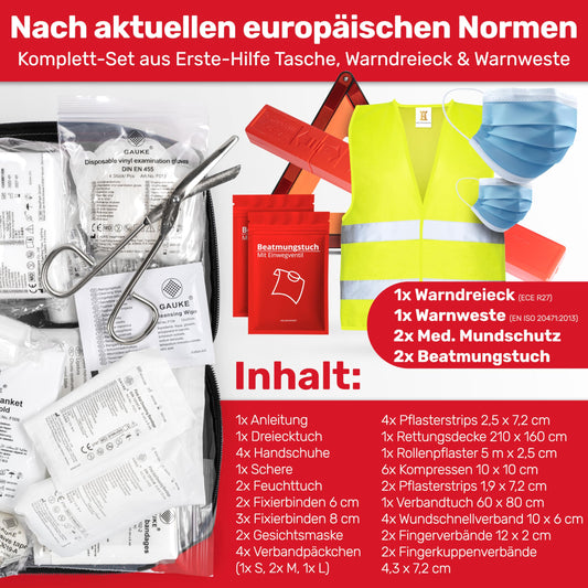 Automotive combo bag (3 in 1) according to current standard 2025 - Including warning triangle, safety vest - First aid kit warning triangle set First aid kit Car DIN 13164:2022 (conforming to the Road Traffic Regulations)