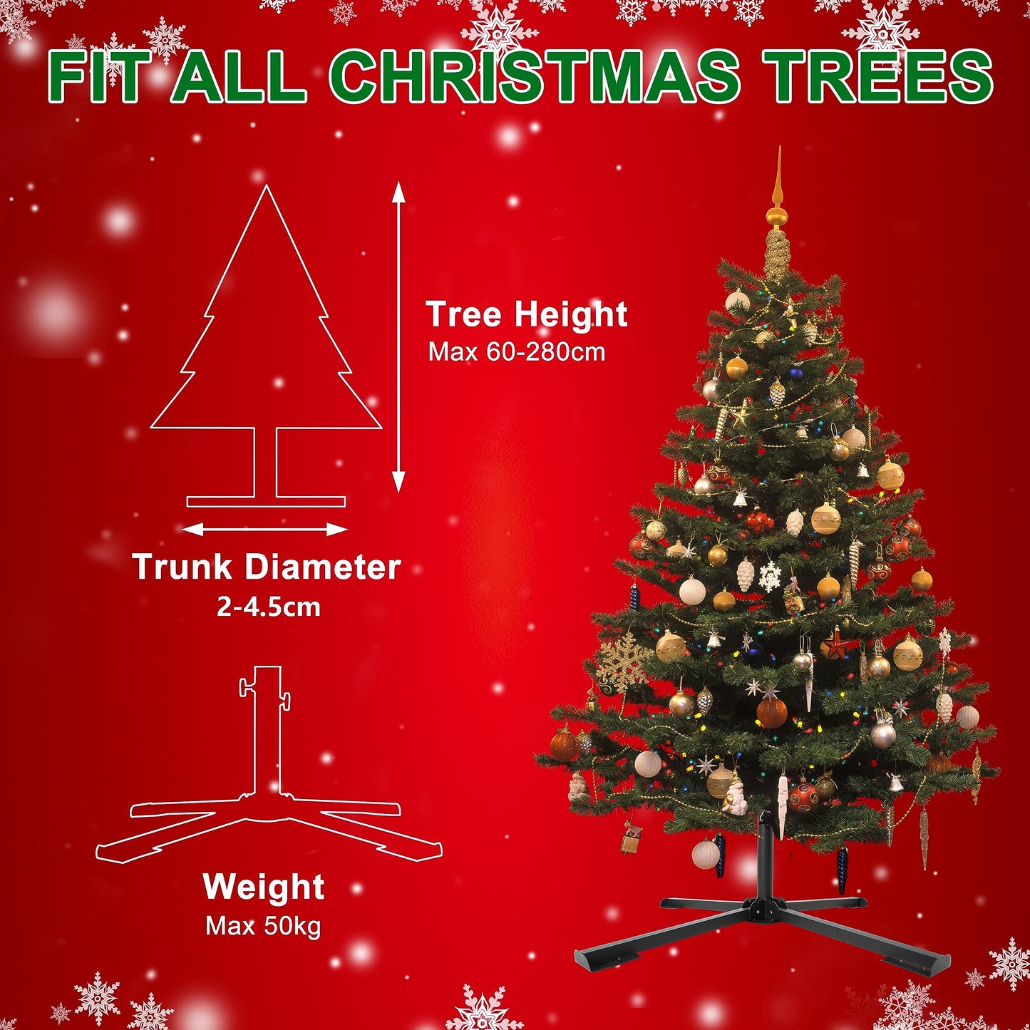 Metal Christmas tree stand, 3 sizes in diameter, universal artificial tree holder for 60 to 280cm, sturdy tree base, foldable stand for tree up to 50kg.