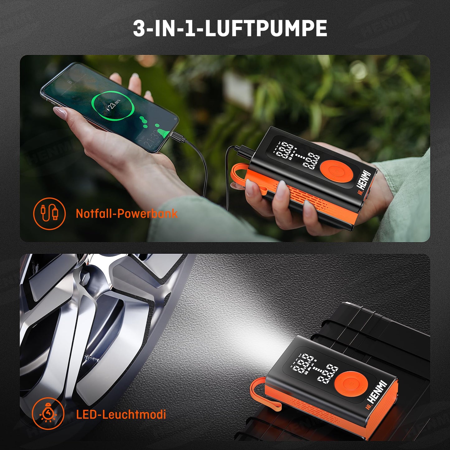 HENMI Electric Air Pump 7500mAh, Portable Mini Compressor with all valves 10.3 Bar, Electric Bicycle Pump with Digital Display Gauge for Bicycle, E-Bike, Car, Motorcycle, Balls.