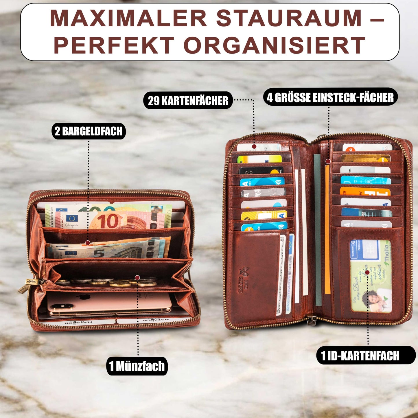 MATADOR Women's Large Leather Wallet #Madrid with elegant Gift Box, Stylish Women's Wallet Large with RFID Blocker, Luxury Women's Wallet with Many Card Slots in Floral Brown.
