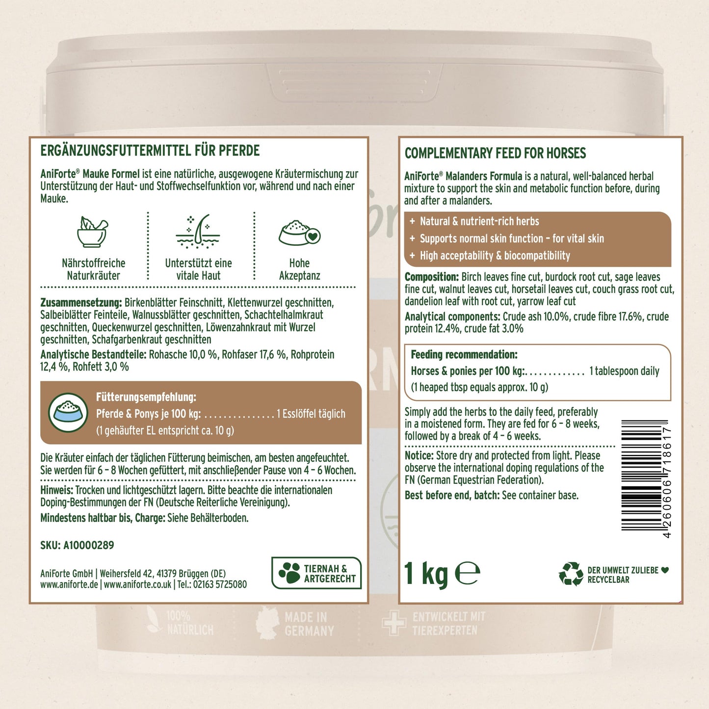 AniForte Mauke Formula for Horses 1kg - Natural skin & hoof care, supports metabolism & immune system, horse care for healthy skin & well-being.