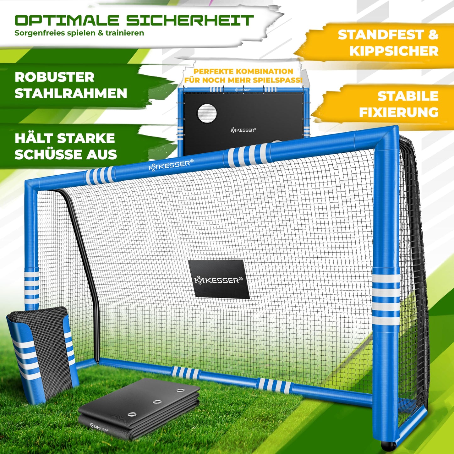 KESSER® Soccer Goal - High-quality soccer goal 240cm with target wall, shooting training UV-resistant net, steel frame with padding, ground stakes, air pump, cones, assembly accessories for kids and adults.