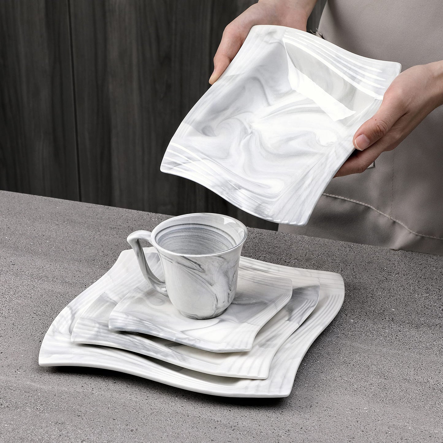 MALACASA, Amparo series, 30-piece marble porcelain dinnerware set with 6 dinner plates, 6 soup plates, 6 dessert plates, 6 coffee cups, and 6 saucers.