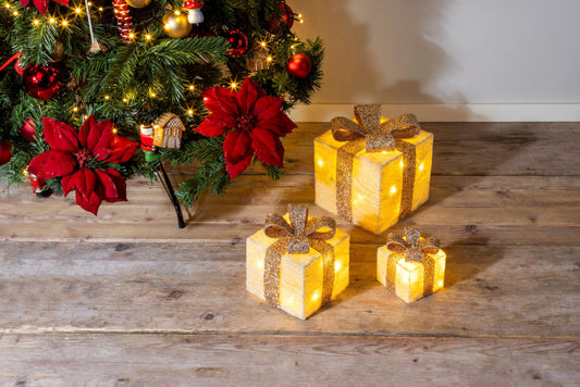 Bambelaa! Set of 3 LED Decorative Gift Light Boxes with Timer Christmas Decoration Christmas Lights Decor Christmas (Gold)