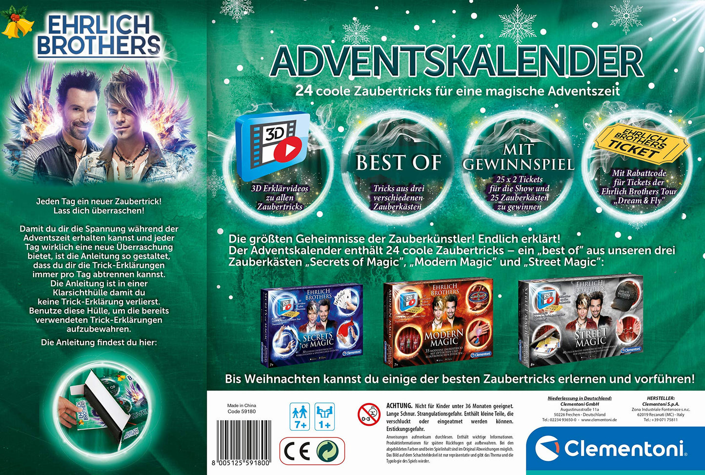 Clementoni Ehrlich Brothers Advent Calendar, magical Christmas calendar, with 24 cool magic tricks, magic set for kids aged 7 and up. Item number 59180.